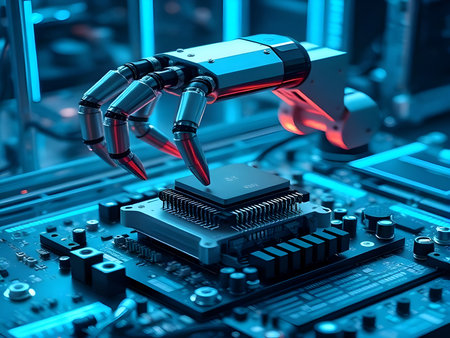A detailed close-up image featuring a multi-fingered metallic robotic hand precisely placing a...