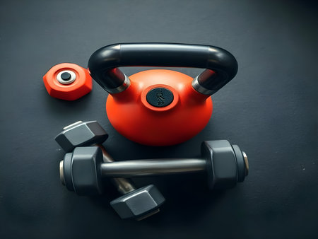 A top-down, high-angle shot of essential fitness equipment arranged neatly. A vibrant orange kettlebell with a black handle is centered, accompanied by a pair of dark gray dumbbellの写真素材