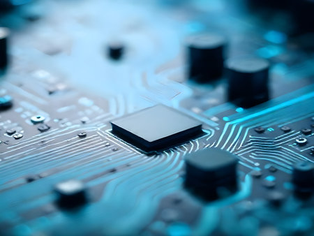 A close-up macro photograph of a dark square processor chip centrally located on a printed circuit board (PCB). Intricate blue glowing electronic traces and pathways illuminate theの写真素材