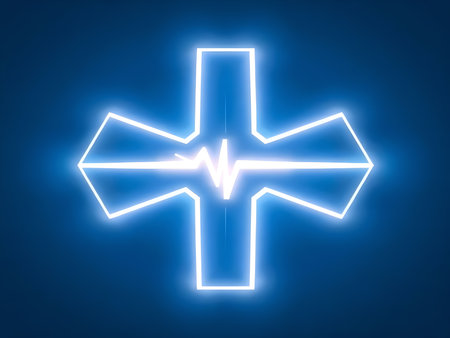 An abstract graphic image featuring a geometric medical cross symbol (resembling the Star of Life) brightly illuminated with vibrant blue neon light against a dark blue background.の写真素材