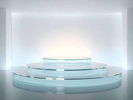 A three-tiered circular display podium made of clear glass or acrylic, centered in a studio space with curved walls and soft white-to-light blue illumination.の写真素材