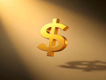 A striking 3D rendering of a vibrant gold dollar sign ($) suspended in a warm, golden-brown atmosphere. A beam of bright light shines down from above, casting a sharp shadow.の写真素材