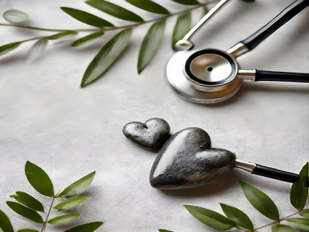 A top-down view of a stethoscope resting on a rough, light gray surface. Fresh green leaves and sprigs frame the scene, suggesting natural health and holistic well-being.の写真素材