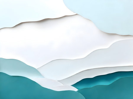 A minimalist digital abstract artwork created in the style of paper cut-outs or layered composition. It features smoothly curved, overlapping shapes resembling distant mountains.の写真素材