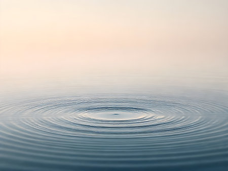 A serene and minimalist photograph capturing perfectly concentric ripples expanding across a calm, still surface of water. The water is rendered in cool blue-gray tones.の写真素材