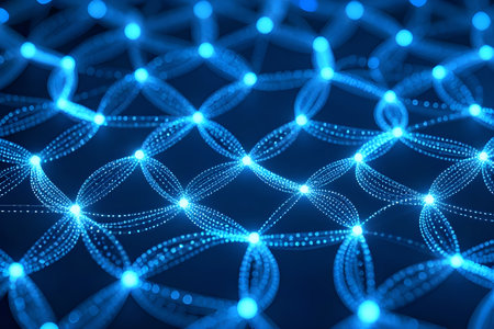 An abstract, conceptual image featuring an intricate, interconnected network glowing with bright blue light. It visualizes data flow, high-speed communication.の写真素材