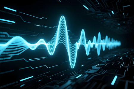 A 3D render of a glowing blue/cyan sound or signal wave traveling across a dark electronic circuit board, representing high-speed data, digital technology, communication.の写真素材