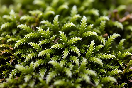 A sharp macro photograph capturing a dense cluster of moss or a similar small, ground-covering plant. The foliage is a vibrant lime green.の写真素材