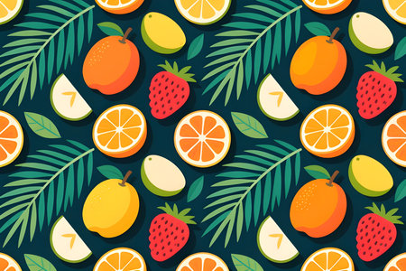 A vibrant seamless vector pattern featuring various fruits including oranges, strawberries, mangoes,...