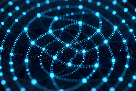 An abstract graphic featuring glowing blue spherical nodes interconnected by complex lines and...