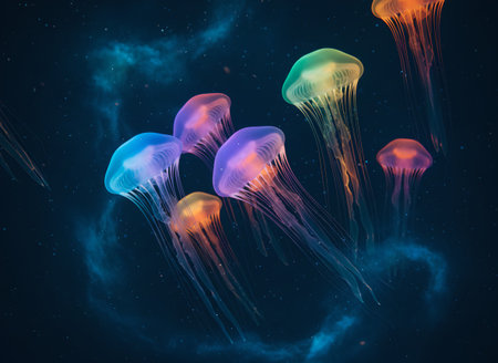 A stunning artistic composition featuring a swarm of vibrant, multi-colored jellyfish in shades of...