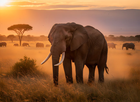 A majestic portrait of a large African elephant with impressive tusks, standing gracefully amidst the dust of the vast savanna at sunset.の写真素材