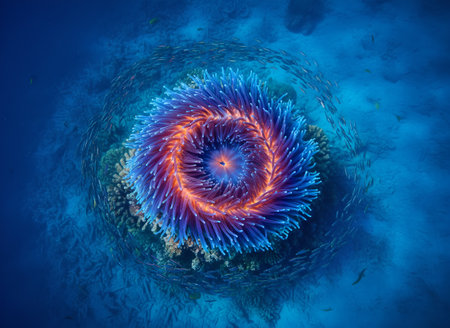 A stunning aerial perspective of a glowing blue sea anemone with a vibrant orange core, surrounded by a school of small fish swimming in a perfect circular formation.の写真素材