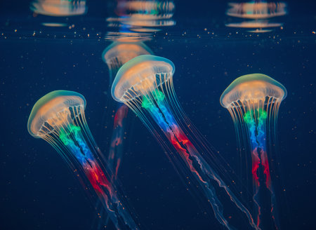 An artistic capture of a jellyfish group drifting serenely beneath the water's surface. Featuring a...