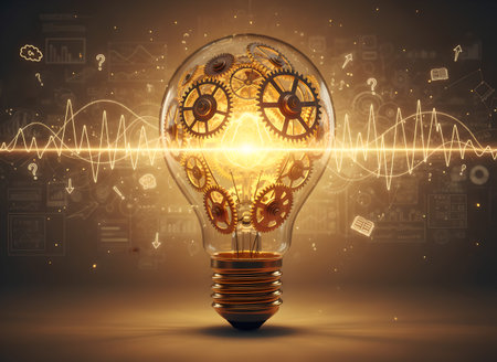 A conceptual illustration of a glowing lightbulb filled with intricate golden gears and cogs,...
