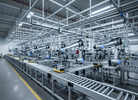 An interior view of a high-tech industrial facility featuring an automated assembly line equipped...