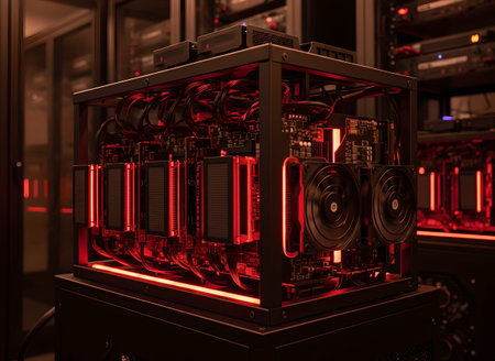 A powerful Bitcoin mining rig featuring multiple GPUs and heavy-duty cooling fans, glowing with...