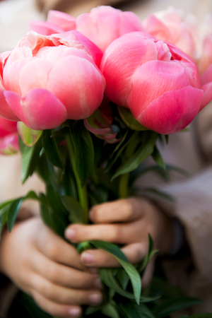 Little Girl Holding Bunch of Bright Pink Peoniesの写真素材