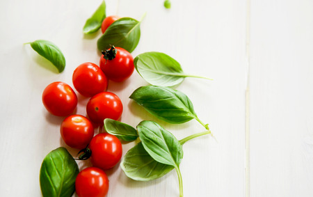 Fresh Basil Leaves with Tomatoesの写真素材