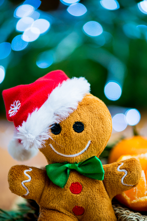 Close Up of Gingerbread Man Soft Toy and Peeled Fresh Clementine or Tangerine with Xmas Lights and...