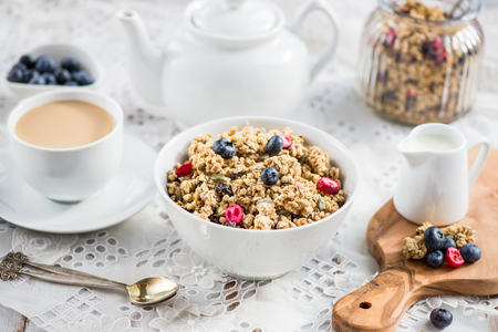 Protein Granola made from Oat Porridge, Nuts, Seeds, Berries in the Bowl with Table set for Breakfastの写真素材