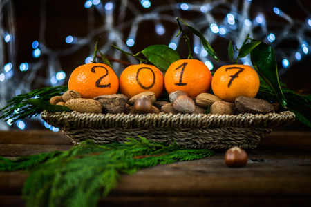 New Year 2017 is Coming Concept. Numbers written in Black Ink on the Oranges that are laying in the Basket with Pine Sticks, Nuts and Xmas Lights on the Backgroundの写真素材