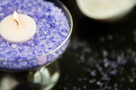Lavender Bath Salt, Towels and Candles as Spa Beauty Treatment on Dark Grunge Backgroundの写真素材