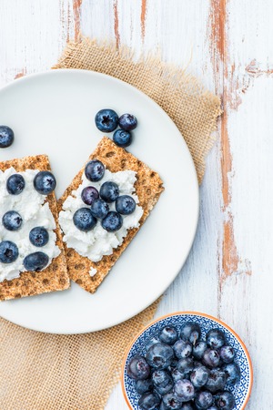 Healthy Snack from Wholegrain Rye Crispbread Crackers with  Ricotta Cheese and Fresh Blueberries on the Light Backgroundの写真素材