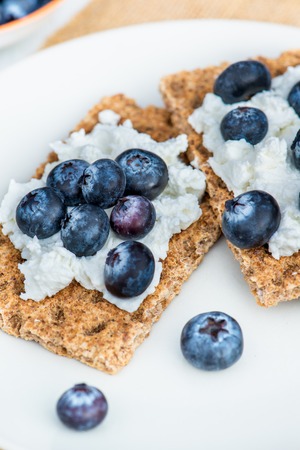 Healthy Snack from Wholegrain Rye Crispbread Crackers with  Ricotta Cheese and Fresh Blueberries on the Light Backgroundの写真素材