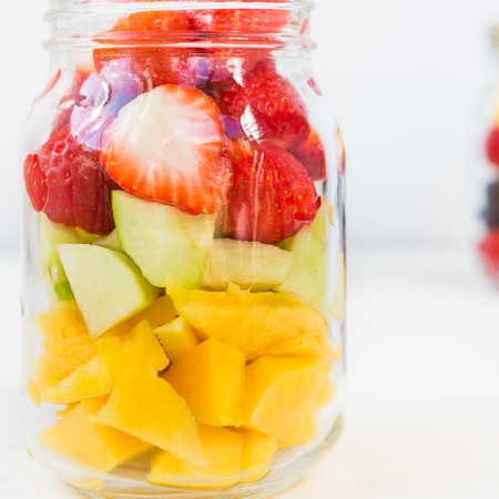 Homemade Fruit and Berry Salads in Jars, Great Idea for Take Away Healthy Snack. Clean or Detox Eating Conceptの写真素材