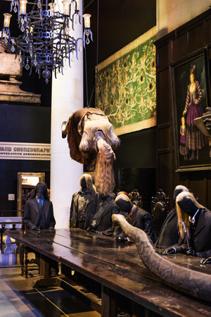 LEAVESDEN, UK - MARCH 24th 2017: The set of Levitating Charity Burbage with Lord Voldemort and Death Eaters around the table at Malfoy Manor. The set is located at the Warner Brothers studio and can be visited during the Making of Harry Potter tour. The sのeditorial素材