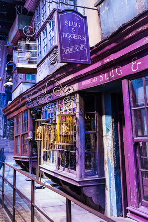 LEAVESDEN, UK - MARCH 24th 2017: Diagon Alley is located at the Warner Brothers studio and can be visited during the Making of Harry Potter tour. The studio is near London in Leavesden, UKのeditorial素材