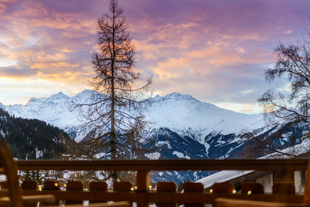 Beautiful morning with sunrise and perfect view on the valley in Swiss Alps, Verbier, Switzerland. の写真素材