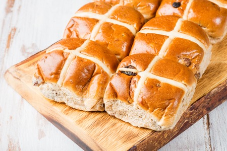 Easter Breakfast with Hot Cross Buns, served on Wooden Chopping Board