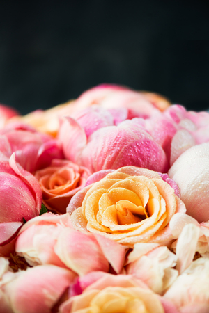 Fresh bunch of pink peonies and roses. Card Concept, pastel colors, close up image, space for textの写真素材