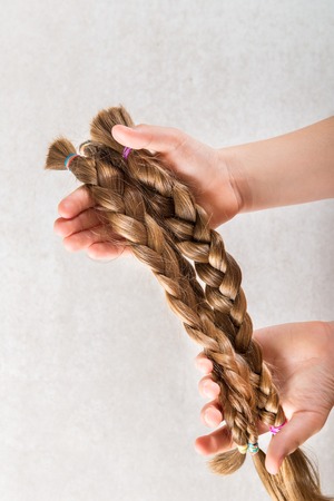 Hand is holding long hair as donation for kids charity, which makes wigs for cancer patients, light backgroundの写真素材