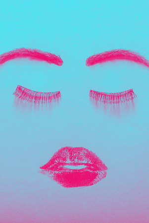 Creative woman face made of eyelashes, wig eyebrows and red lipstick stains as lips. Minimal beauty concept. Hair loss products. Duotone imageの写真素材