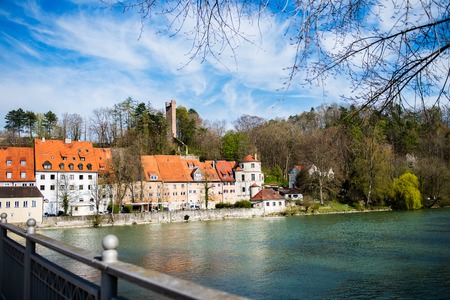 Streets and river bank in Landsberg am Lech town in Germany, Bavariaの写真素材