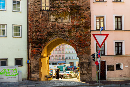Streets and river bank in Landsberg am Lech town in Germany, Bavariaのeditorial素材