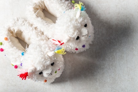 Cute soft 3d llama slippers on the grey background