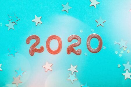 Happy New 2020 Year letters on bright blue backgroundの写真素材