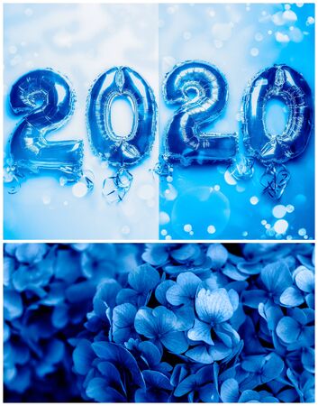 Photo collage made in blue tones with the influence of the theme of the new color of the year 2020. Image toned in Classic Blueの写真素材