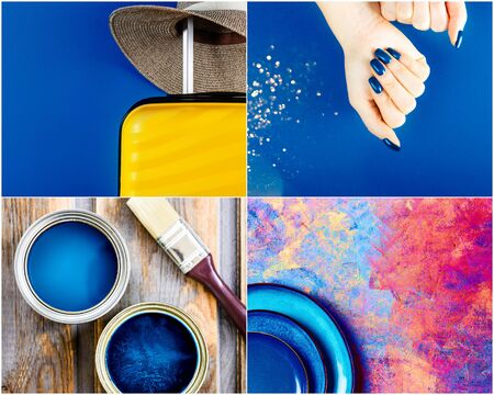 Photo collage made in blue tones with the influence of the theme of the new color of the year 2020. Images toned in Classic Blueの写真素材
