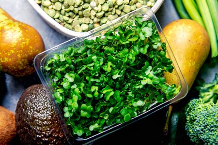 Variety of Green Vegetables and Fruits on the grey backgroundの写真素材