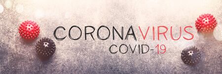Words COVID-19 and Coronavirus. Abstract virus strain models of COVID-19 or Coronavirus pandemic....