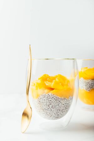 Homemade 4 Ingredient Mango Chia Pudding made with Almond or Coconut Milk in the Double Wall Glass Cups on white backgroundの写真素材