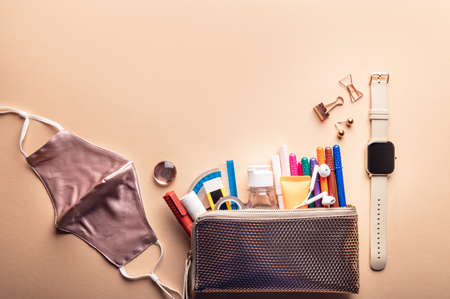 Preparation for going back to school with usual stationery and new normal such as face mask and hand cleanser gelの写真素材