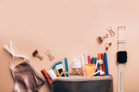 Preparation for going back to school with usual stationery and new normal such as face mask and hand cleanser gelの写真素材