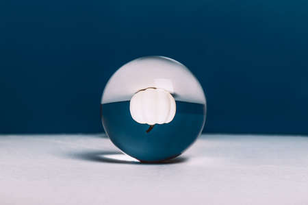 White Pumpkins on blue background with one pumpkin reflecting in crystal ball, trendy autumn conceptの写真素材