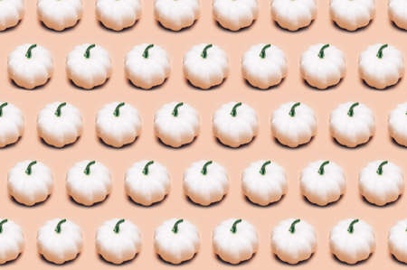 Pattern made from White Pumpkins on light pink background as minimal autumn concept, flat lay, top view. Halloween or Thanksgiving Holiday backgroundsの写真素材
